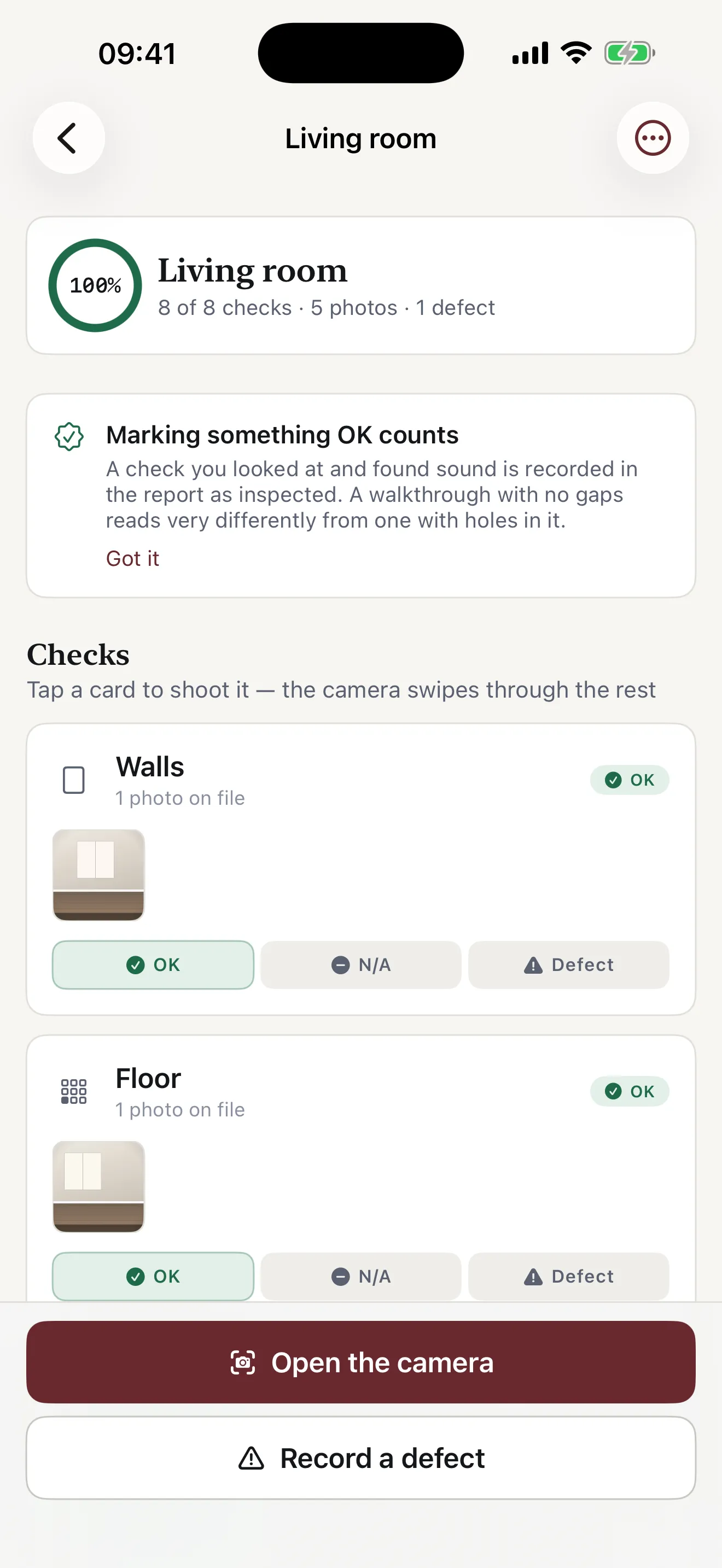 Inspected and OK is recorded too, not just the defects — screenshot