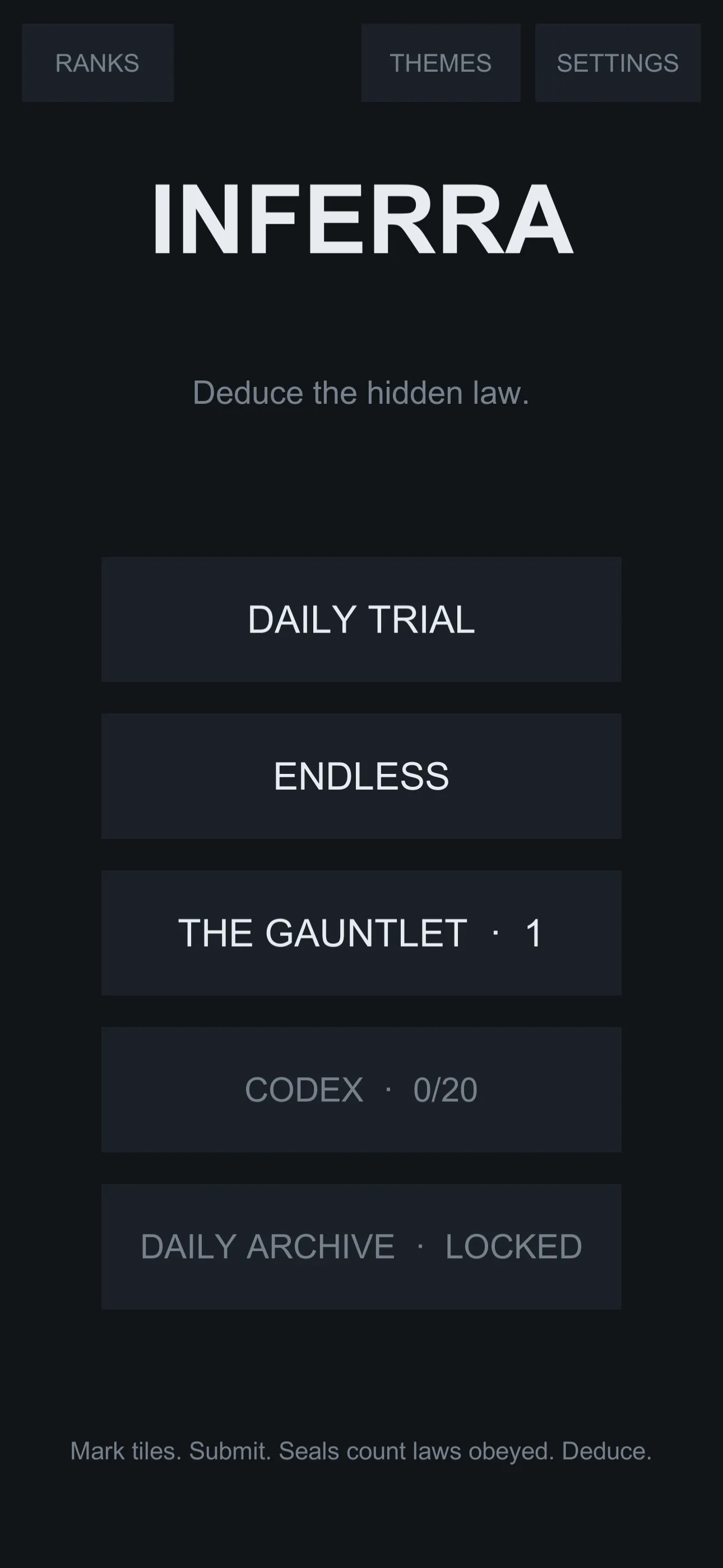 Three trials and a codex — the menu says everything the game will ever explain — screenshot