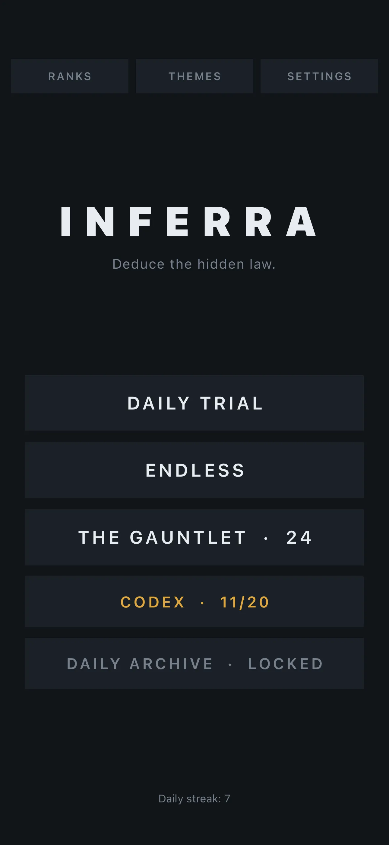 Three trials and a codex — the menu says everything the game will ever explain — screenshot