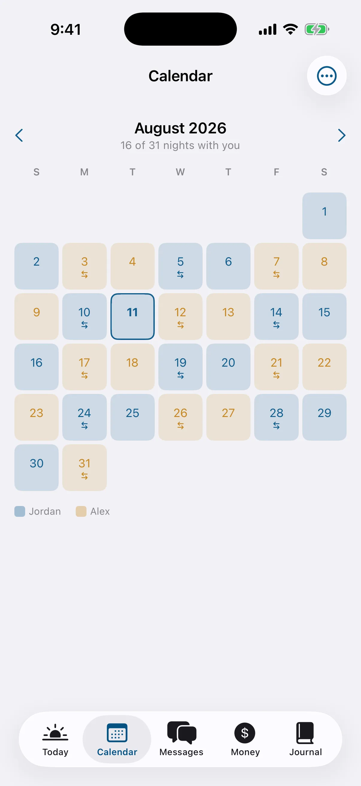 The month in two colours, with the nights counted — screenshot