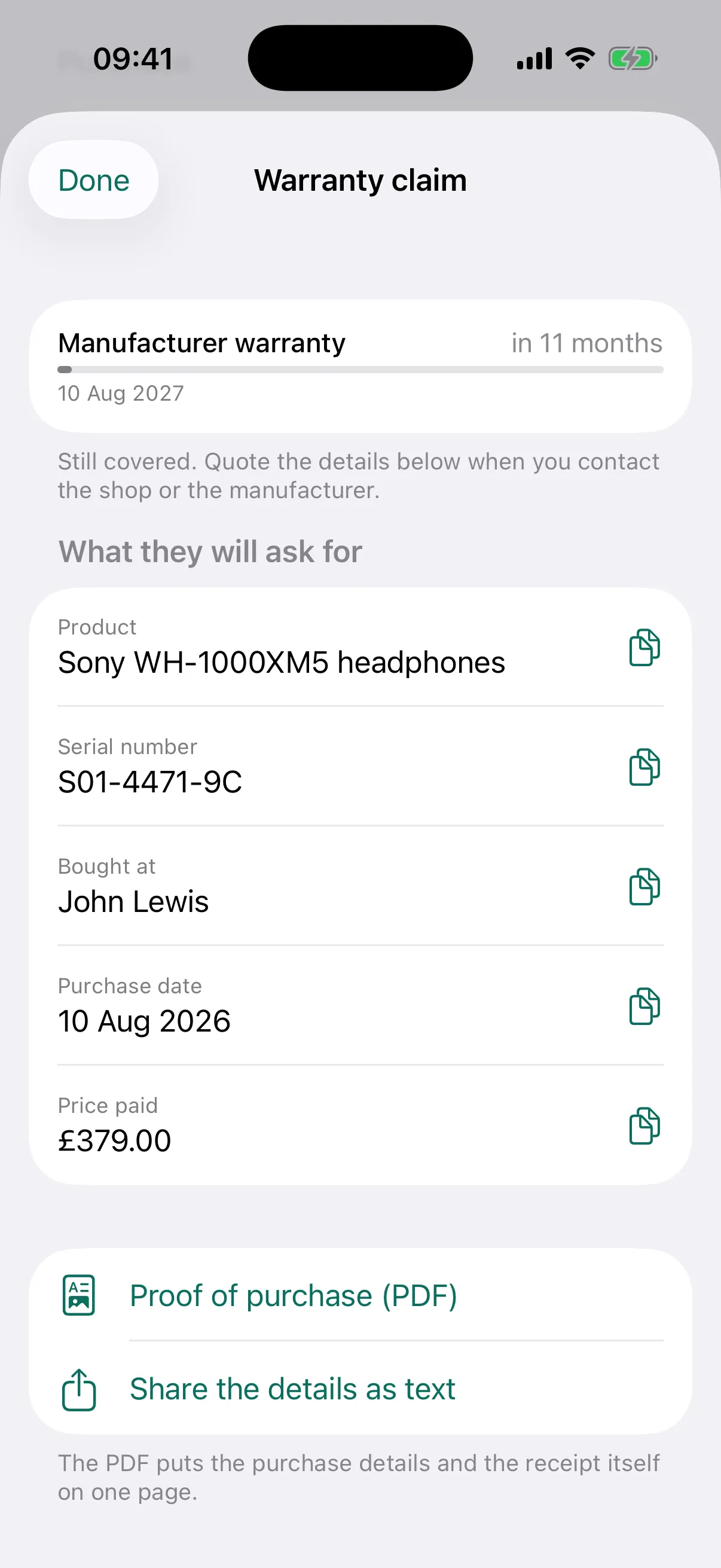 A claim screen that lists what they will ask you for — screenshot