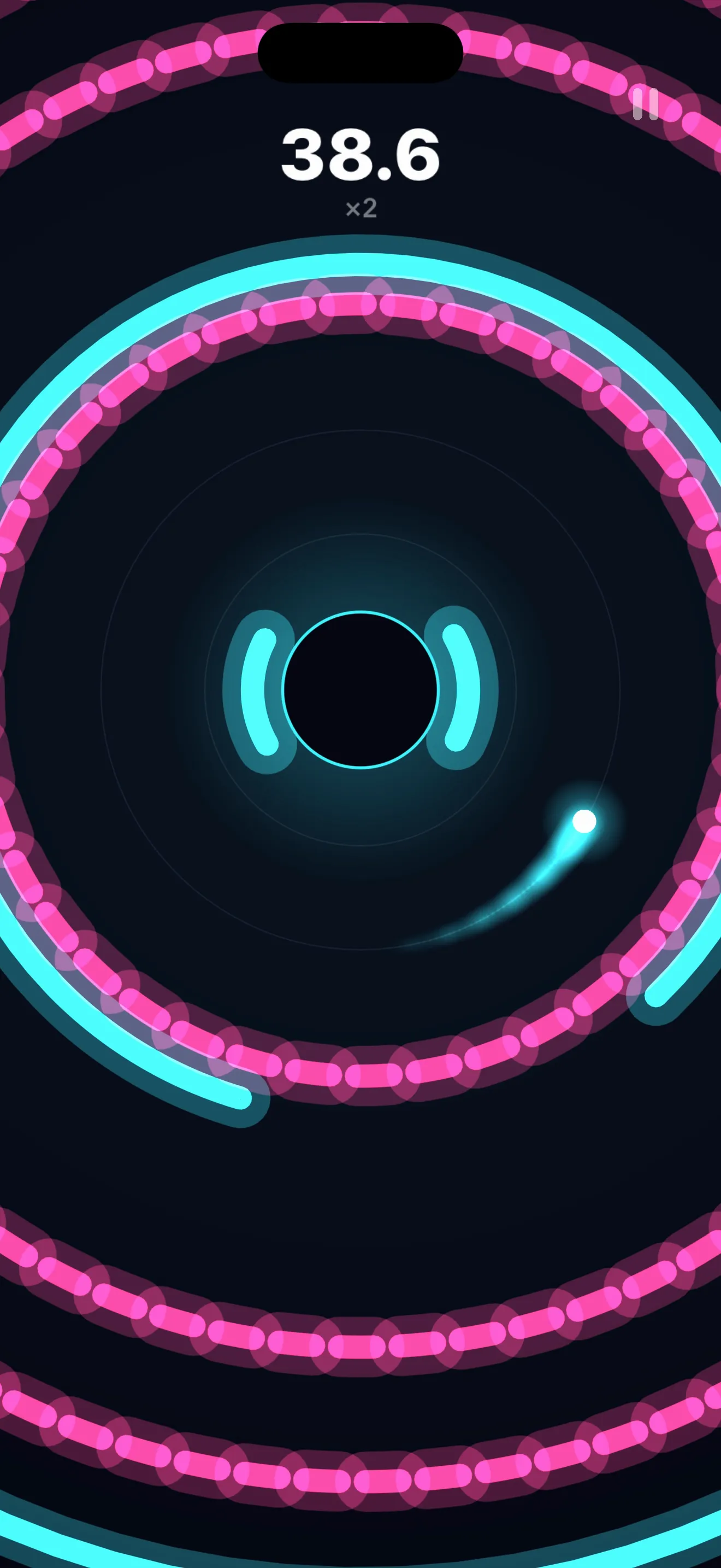 Two orbits, one thumb: steer into the gaps, dive under the dashed rings — screenshot