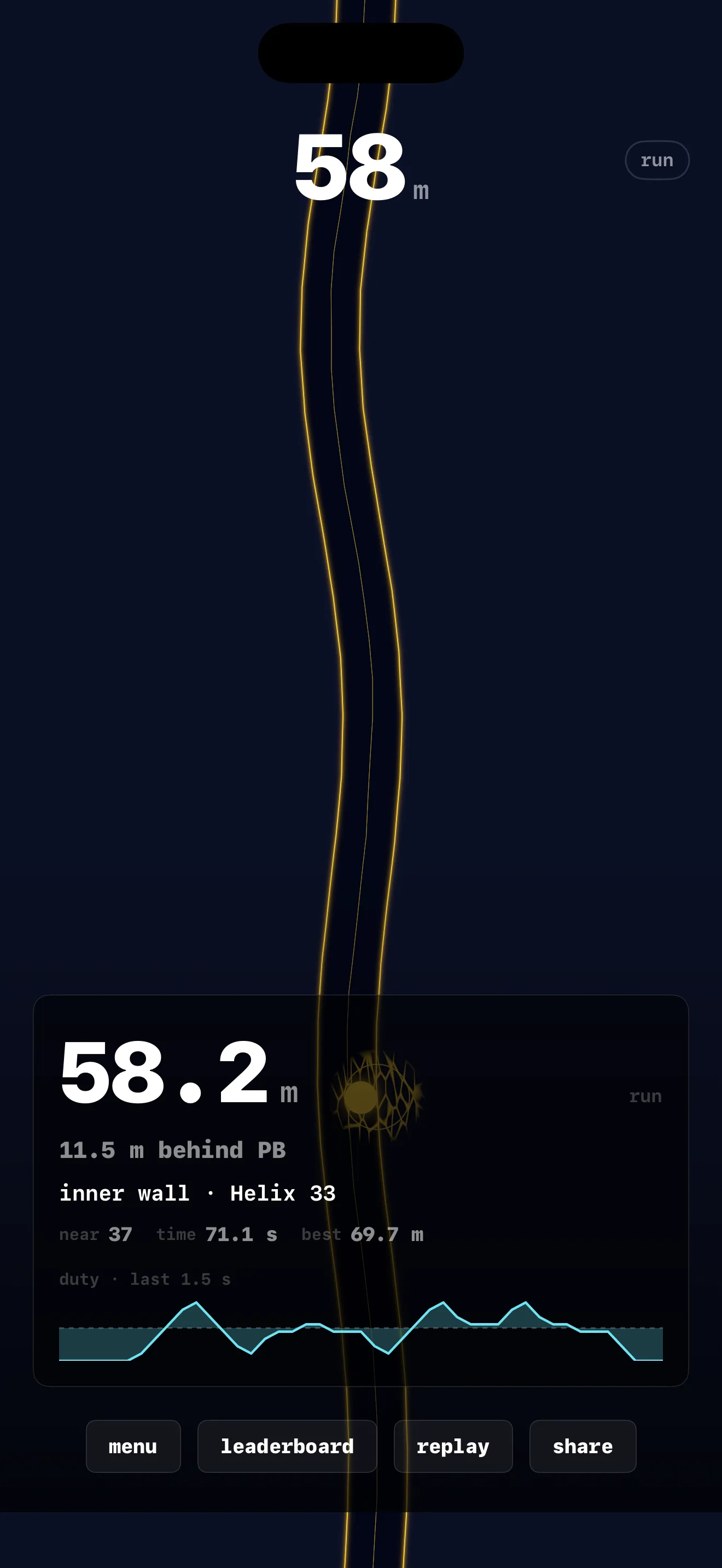 Every death is legible — the wall, the path, your last 1.5 seconds — screenshot