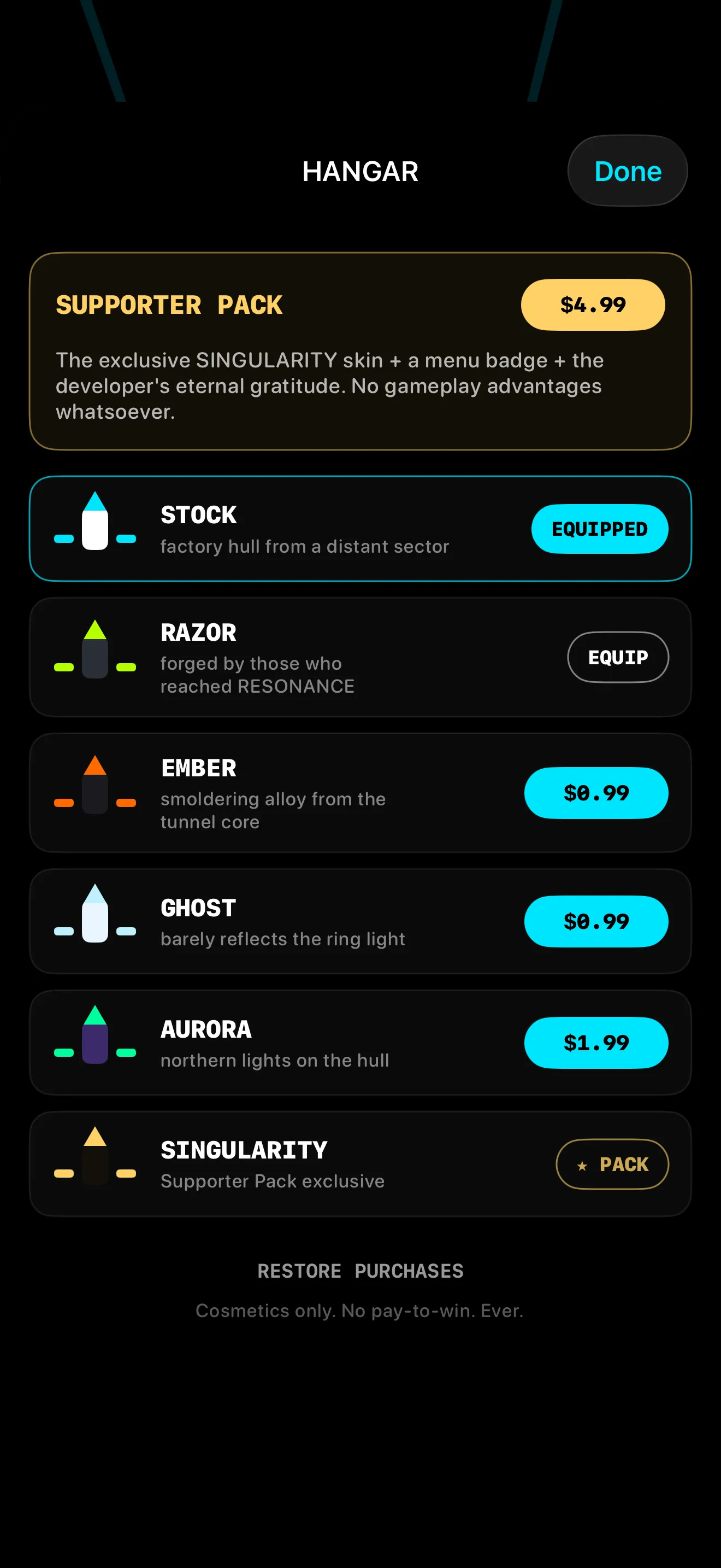 The hangar: skins bought with money or earned with skill, never both — screenshot